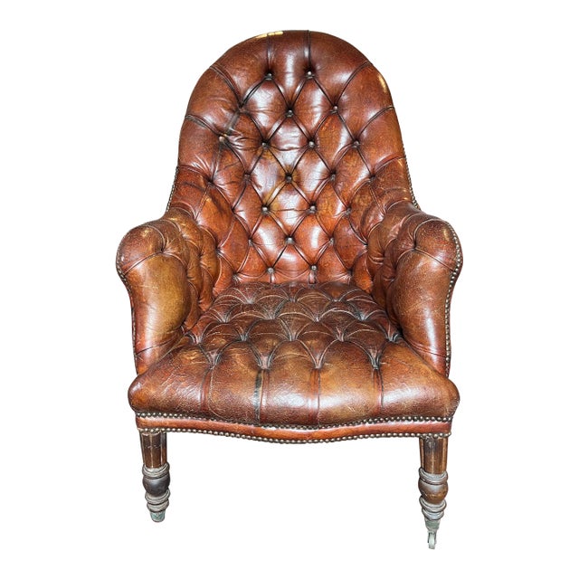 1920s Antique English Tufted Leather Library Chair For Sale