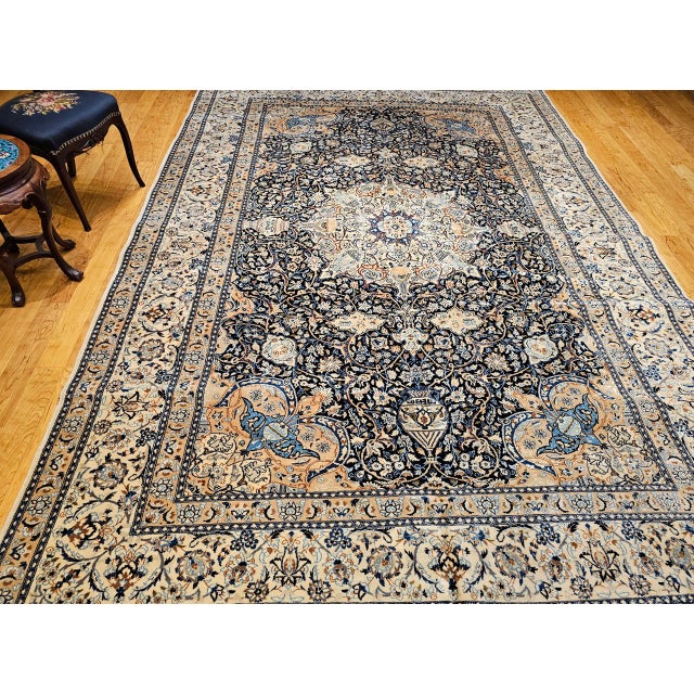 Vintage Persian Nain Area Rug, Hand-Knotted Wool & Silk, Floral Pattern, 9x13, Navy & Ivory For Sale - Image 4 of 18