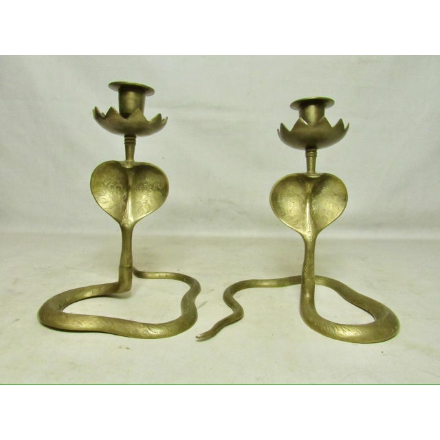 Anglo Indian Pair of Anglo Indian Brass Cobra Candlesticks For Sale - Image 4 of 14