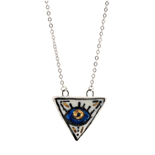 Talisman Evil Eye Hand Painted Silver Charm Necklace For Sale - Image 11 of 11