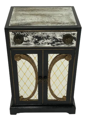 Black and Aged Mirror Cabinet in the Style of Dorothy Draper