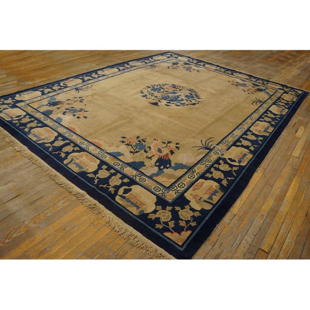 Antique Peking Chinese Floral, Medallion Blue, Ivory Beige Cream White 1920s Rug, Circa Date: 1920s. This exquisite...