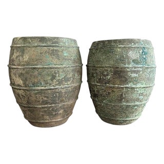 Mediterranean Barreal Jars - Verdigris Patinated Terracotta Olive Vassels For Sale
