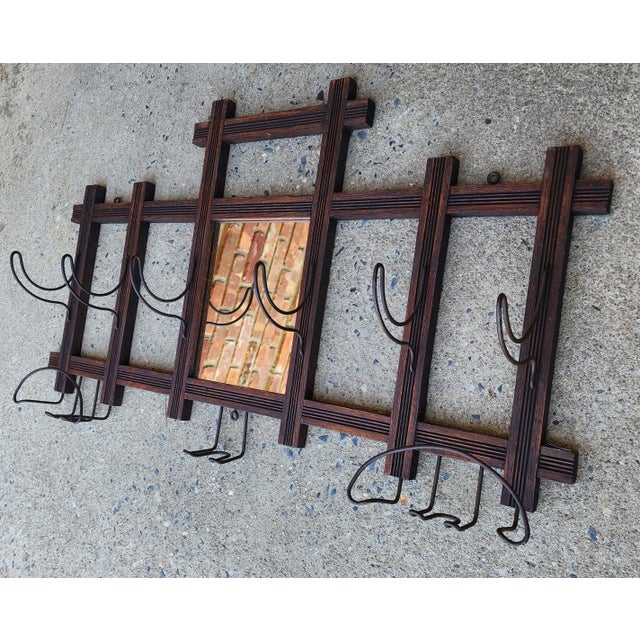 Mission Antique Arts & Crafts Wall Coat Rack With Mirror and Hooks For Sale - Image 3 of 17