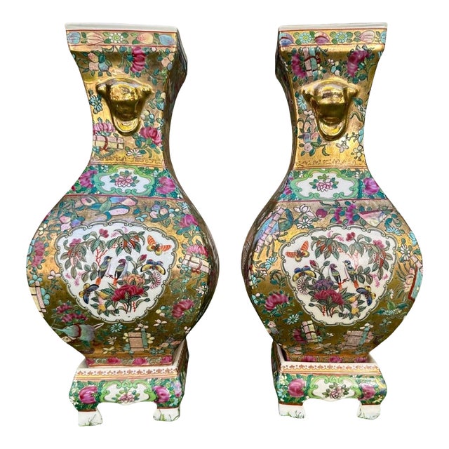 Pair of Antique Chinese Famille Rose Porcelain Vases & Stands For Sale