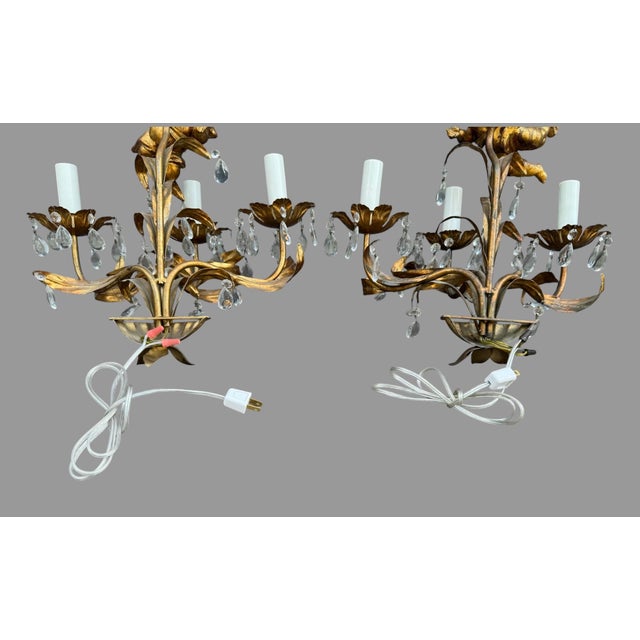 Metal Pair of 29” Vintage Italian 3 Light Candelabra Wall Sconces W Prisms & Figural Cherubs For Sale - Image 7 of 9