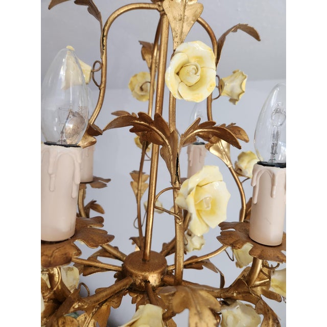 Vintage Gold-Plated and Hand-Forged Florentine Pendant Lamp with Porcelain Roses, 1960s For Sale - Image 14 of 18