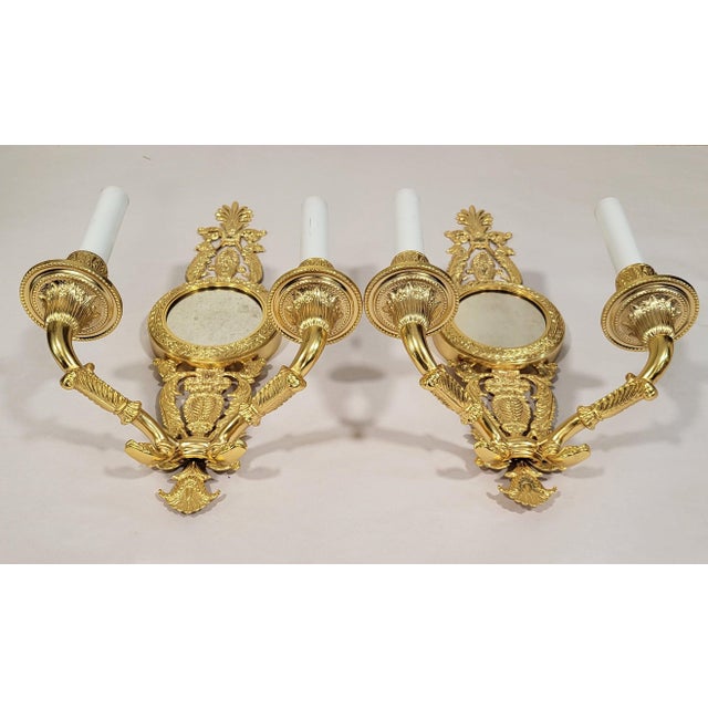 Late 20th Century French Neoclassical Empire Style Gilt Bronze Two Light Wall Sconces W. Mirrors - a Pair For Sale - Image 4 of 17