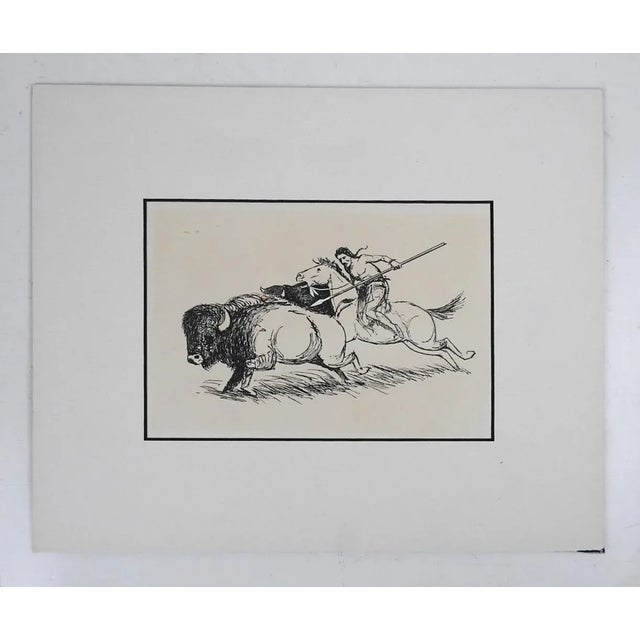 Vintage late 20th century pen and ink on artist board illustration drawing of Native American on horseback hunting...