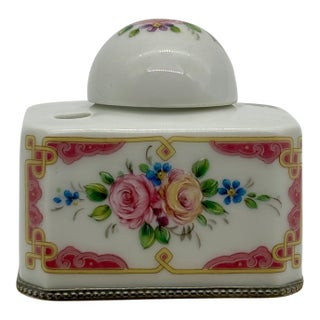 Limoges France Antique Porcelain Inkwell, Hand Painted Floral For Sale