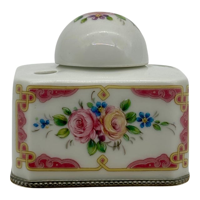 Limoges France Antique Porcelain Inkwell, Hand Painted Floral For Sale