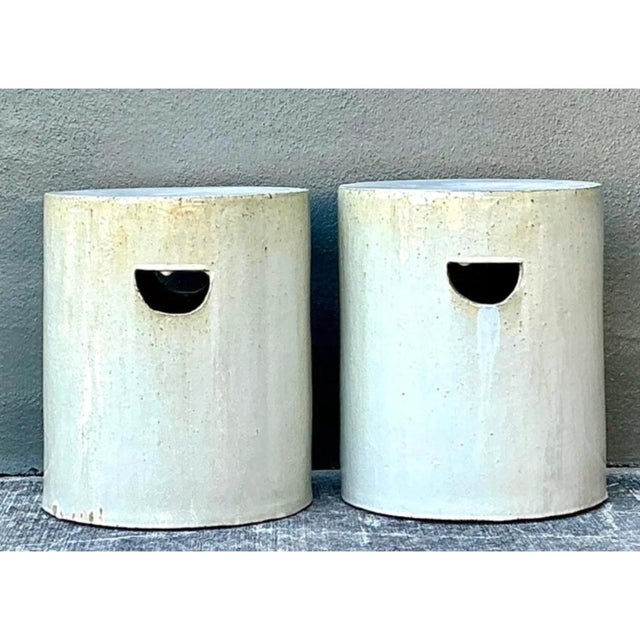 Ceramic Vintage White Ceramic Low Stools - Pair For Sale - Image 7 of 12