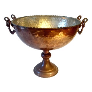 Hammered Copper Footed Pedestal Bowl with Decorative Handles For Sale