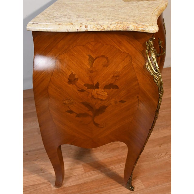 1920 Antique French Louis XV Satinwood Inlaid & Marble Top Commode / Dresser For Sale - Image 14 of 18