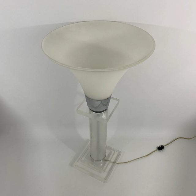 Chrome 1980s Lucite and Chrome Lamp With Tulip Opaline Glass Shade For Sale - Image 8 of 13