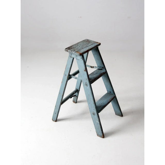 Farmhouse Vintage Wooden Blue Step Ladder For Sale - Image 3 of 13