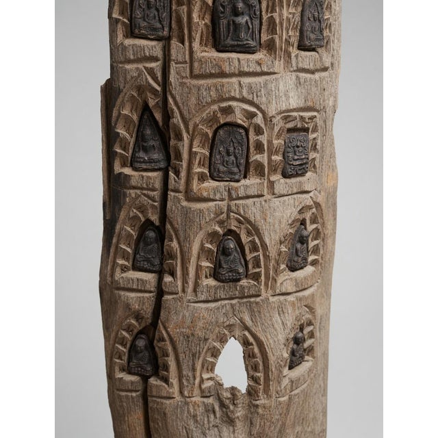 Antique Driftwood Carving With Inlaid Terracotta Buddha Votives For Sale - Image 4 of 5