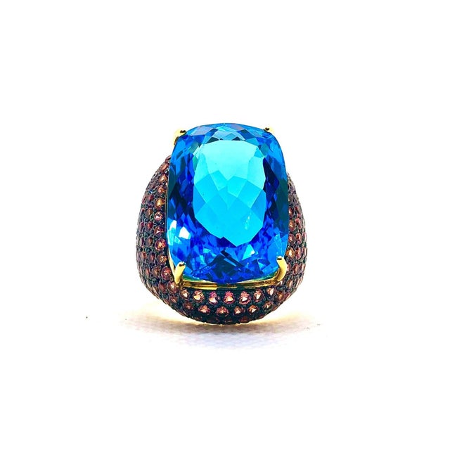 Bochic “Orient” Vintage London Blue Topaz & Orange Sapphire Ring, 18K Gold & Silver For Sale - Image 11 of 15
