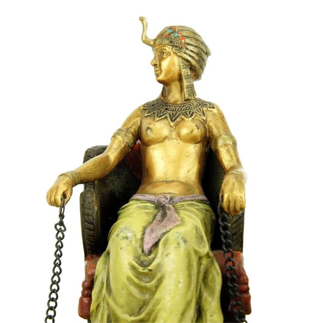 Orientalist Polychrome Bronze Pharaoh Sculpture with Lionesses For Sale - Image 10 of 13