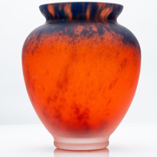 Blue Acid Etched Enameled Marble Glass Vase from La Rochère, 1920s For Sale - Image 8 of 11
