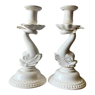Mid 20th Century English Hartley Greens Leeds Pottery Dolphin Candlesticks – A Pair For Sale