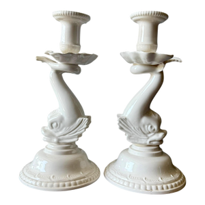 Mid 20th Century English Hartley Greens Leeds Pottery Dolphin Candlesticks – A Pair