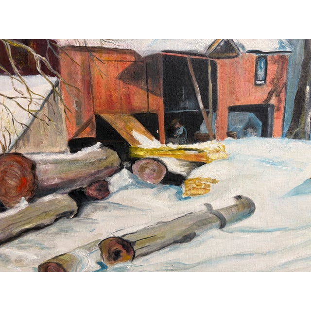 Large 1963 Signed Oil Painting Winter Landscape Red Barn Snow Scene Rustic Farm by L. Brade For Sale In Orlando - Image 6 of 18