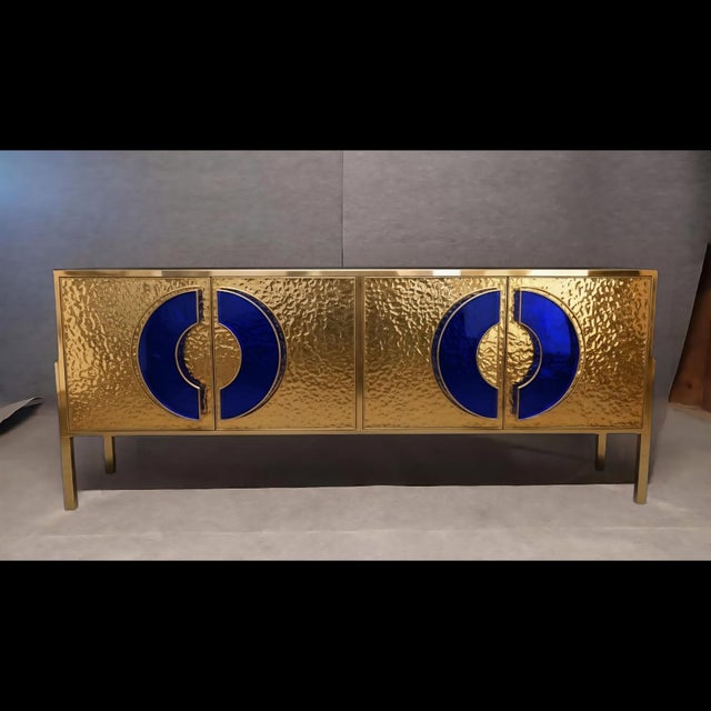 Wood Handcrafted Brass Sideboard with Sapphire Blue Enamel from Justfurnituress SRL For Sale - Image 7 of 13