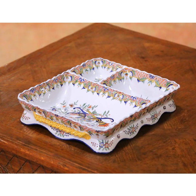 19th Century French Faience Divided Serving Tray in the Rouen taste. Crafted in France circa 1880, this elegant antique...