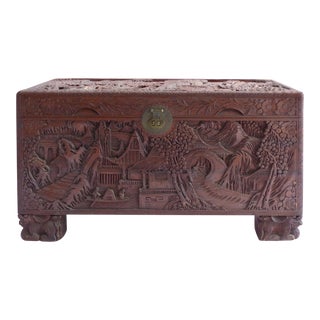 Chinese Teak & Cedar Carved Chest For Sale