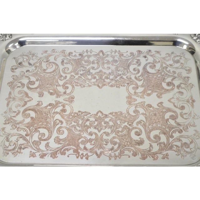 Victorian Vintage English Victorian Silver Plated Ornate Footed Serving Platter Bar Tray For Sale - Image 3 of 16