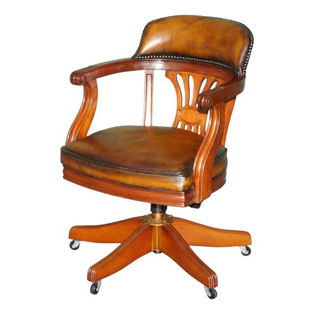 Vintage Brown Leather Captains Directors Chair For Sale