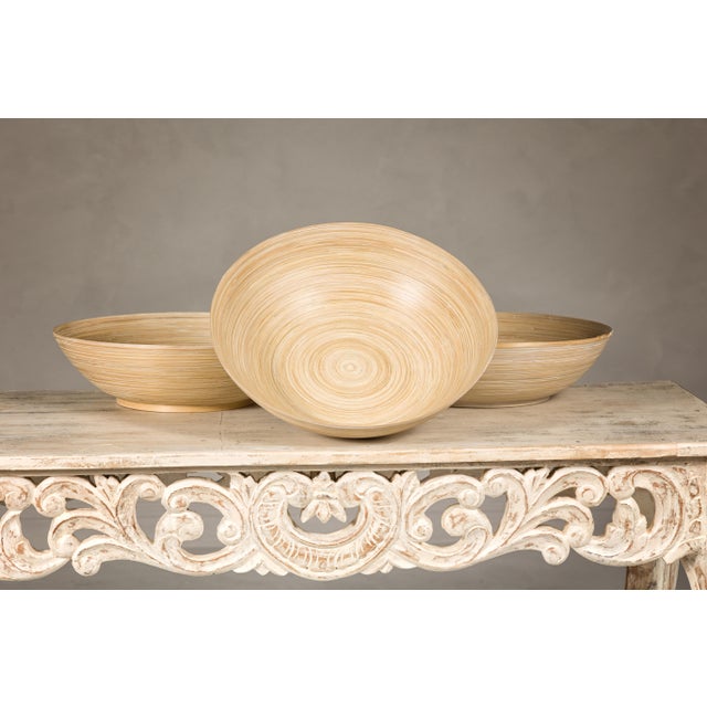 Set of Three Country Style Vintage Woven Reed Decorative Bowls in Cream Tones For Sale - Image 11 of 12