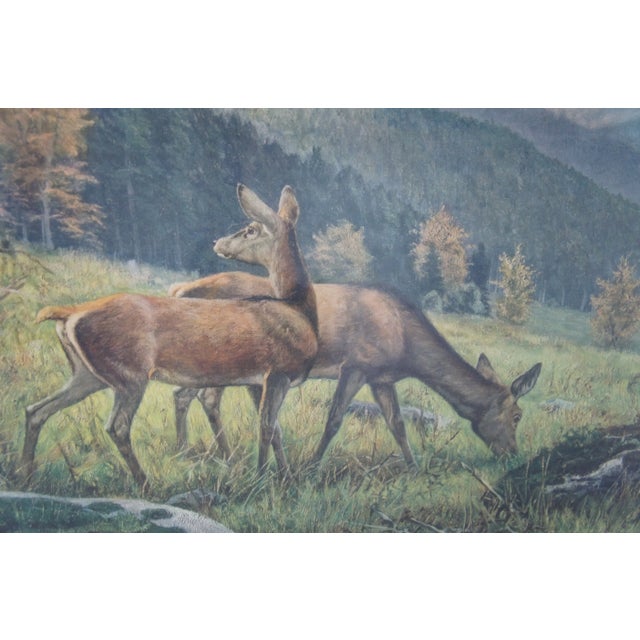 Green Antique Carl Zimmermann German Elk Hunting Landscape Print Carved Framed 53" For Sale - Image 8 of 12