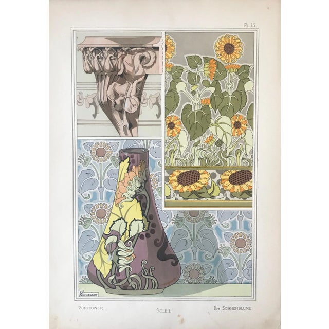1896 French Decorator Pochoir, Sunflower (Plate 15) - Georges Bourgeot For Sale