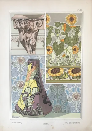 1896 French Decorator Pochoir, Sunflower (Plate 15) - Georges Bourgeot