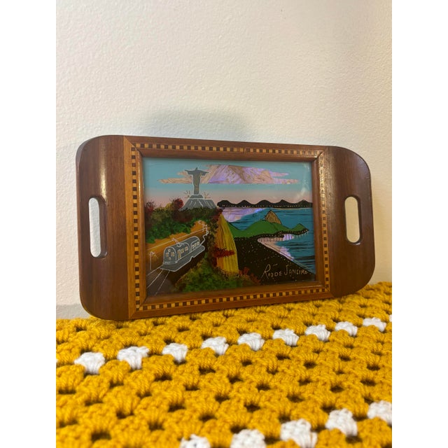 Mid-Century Modern Antique Brazilian Butterfly Wing Tray, Christ the Redeemer Scenic Artwork For Sale - Image 3 of 6