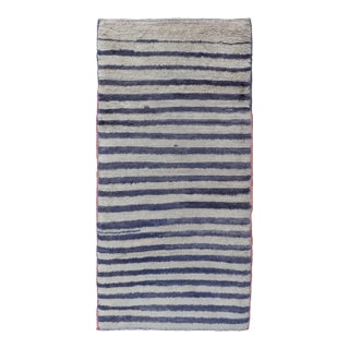 Antique Angora Tulu Carpet With Stripe Pattern Light Taupe & Navy Blue. Turkish Tulu For Sale