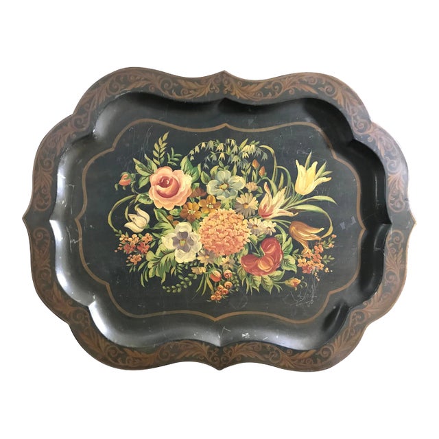 19th Century Floral Painted French Tole Antique Table Tray For Sale