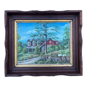 Vintage Oil Painting of a Riverside Lodge in Canada in Victorian Shadowbox Frame
