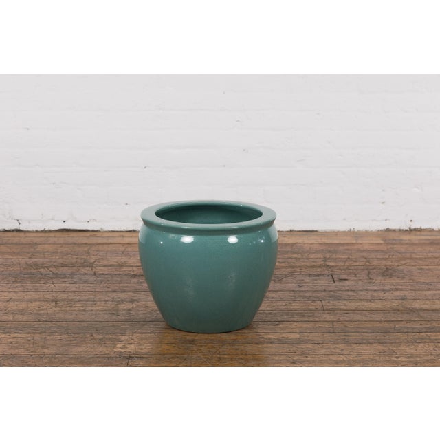 Mid Century Teal Garden Planter with Circular Opening & Tapering Lines For Sale - Image 4 of 12