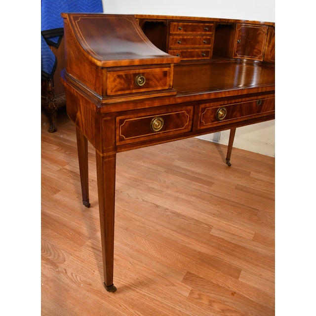 1930s English Regency Mahogany Inlaid & Leather Top Carlton Writing Desk For Sale - Image 4 of 18