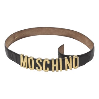 Vintage Moschino Black Leather and Gold Lettered Belt For Sale