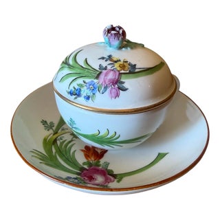 Marcolini Lidded Cup and Saucer in Porcelain with Floral Decoration from Meissen, 1774, Set of 3 For Sale