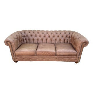 Vintage Distressed Leather Chesterfield Sofa | Made in Canada | Camel Brown | Circa 1990s For Sale