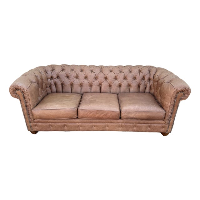 Vintage Distressed Leather Chesterfield Sofa | Made in Canada | Camel Brown | Circa 1990s For Sale