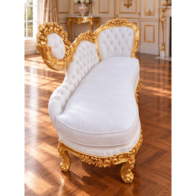 1970s Artisan Louis XVI Gold Beech Leather Chaise For Sale - Image 6 of 8