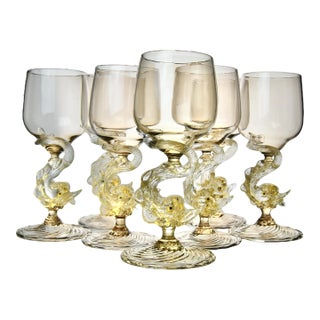 Vintage Mid 20th Century Hand Blown Venetian Dolphin Goblets- Set of 7 For Sale