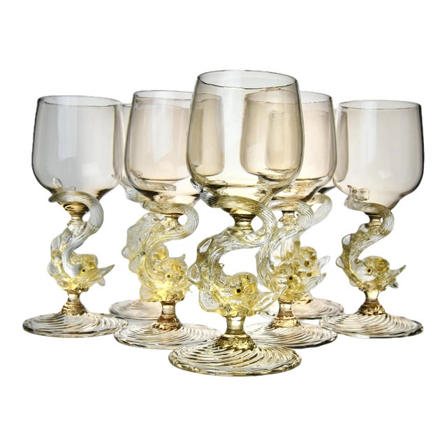 Vintage Mid 20th Century Hand Blown Venetian Dolphin Goblets- Set of 7 For Sale