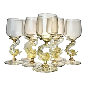 Vintage Mid-Century Hand Blown Venetian Dolphin Goblets- Set of 7